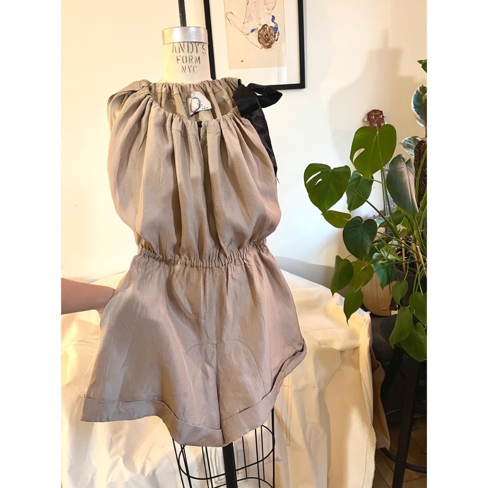 Tie Neck Jacquard Satin Romper with Pockets Cream Blush Size S